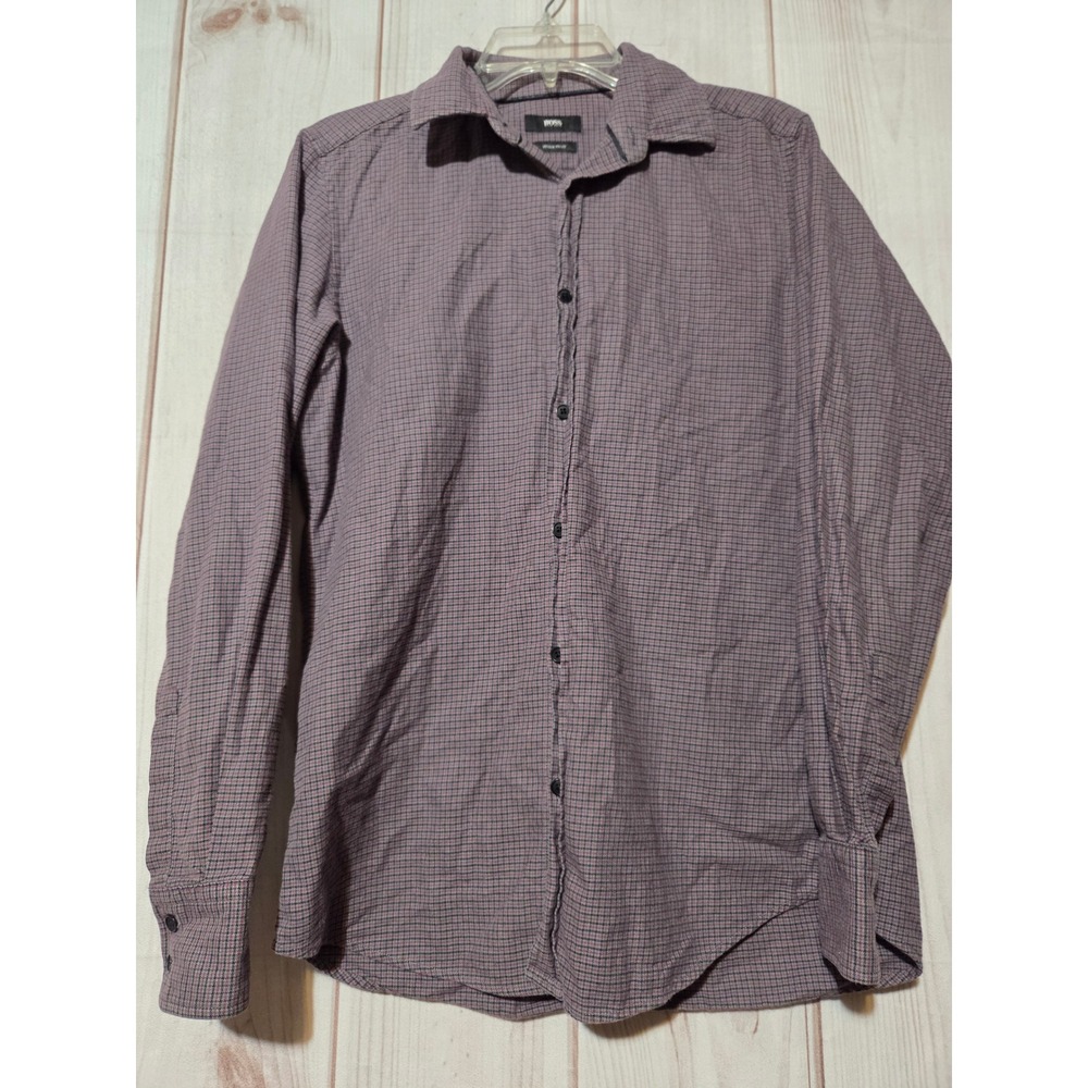Hugo Boss Mens Regular Fit Flannel Button Down Shirt Purple‎ Check Small